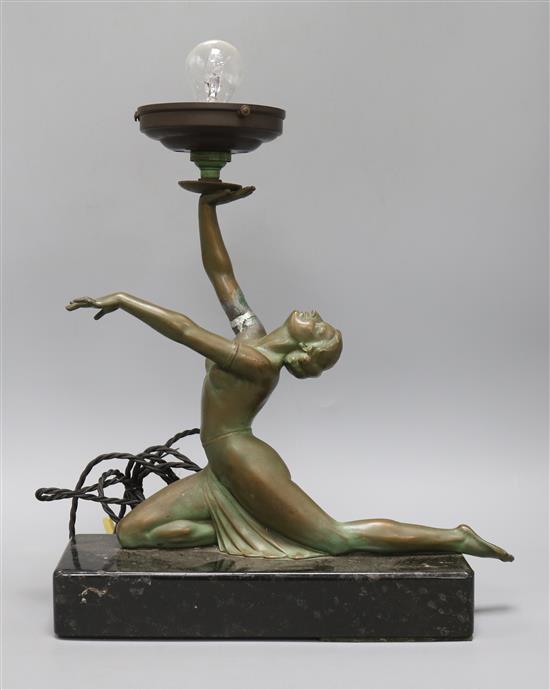An Art Deco spelter figural lamp on a marble base height 38cm, repair to right arm